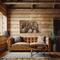 This is a large wood wall hanging featuring a bear and a forest scene. The artwork is hanging over a couch in a log cabin
